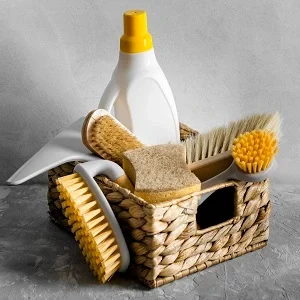 front view eco friendly cleaning brushes basket